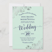 シルバーレースエレガントネオミントグリーン&ネイビー結婚ズ 招待状 (正面)