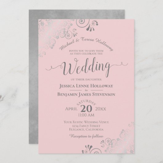 シルバーレースエレガント赤面ピフォーマルンク結婚ズ 招待状 (正面/裏面)