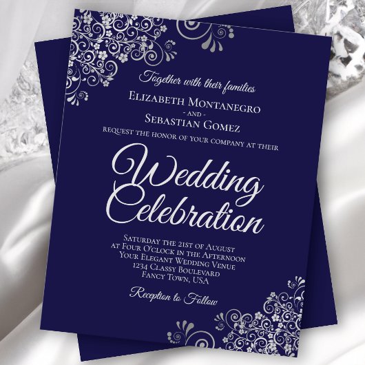 シルバーレースオンネイビーブルーBUDGET結婚式招待状