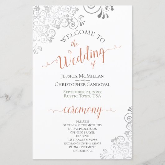 シルバーレースコーラルオンホワイトバジェット結婚式 プログラム (正面)