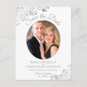 シルバーレースセージ白い結婚式の日付写真を保存 案内ポストカード (正面)