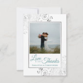 シルバーレースティール（緑がかった色）&ホワイトラブ&感謝していズ結婚ズ サンキューカード (正面)