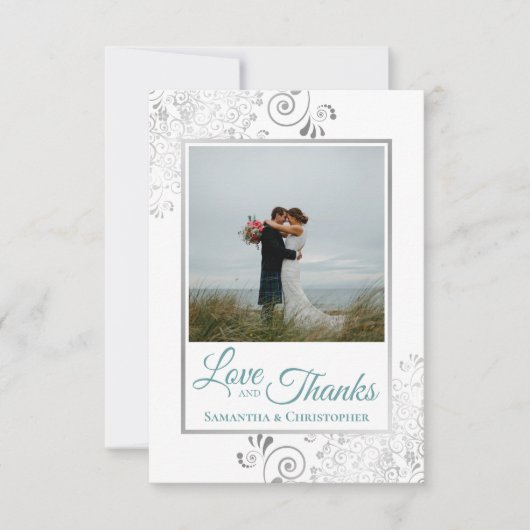 シルバーレースティール(緑がかった色)&ホワイトラブ&感謝していズ結婚ズ サンキューカード (正面)