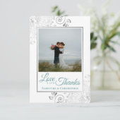 シルバーレースティール（緑がかった色）&ホワイトラブ&感謝していズ結婚ズ サンキューカード (スタンド正面)