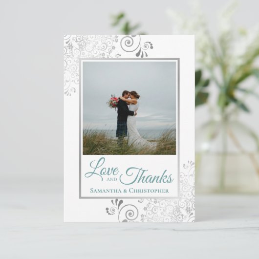 シルバーレースティール（緑がかった色）&ホワイトラブ&感謝していズ結婚ズ サンキューカード (スタンド正面)