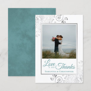 シルバーレースティール（緑がかった色）&ホワイトラブ&感謝していズ結婚ズ サンキューカード