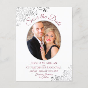 シルバーレースバラホワイトウェディング日付写真を保存 案内ポストカード