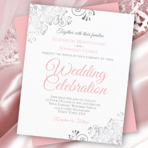 シルバーレースピンク&ホワイトバジェット結婚式招待状