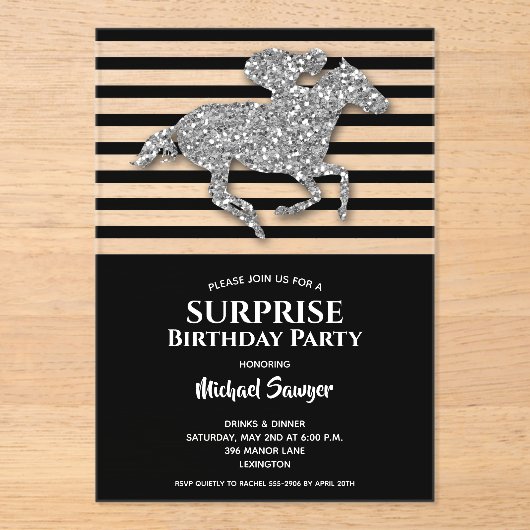 シルバーレースホース白黒ストライプ誕生日 アクリル招待状 (正面)