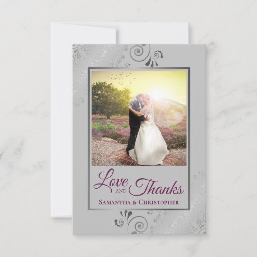 シルバーレースマゼンタ&グレーラヴ感謝してい結婚ズ サンキューカード (正面)