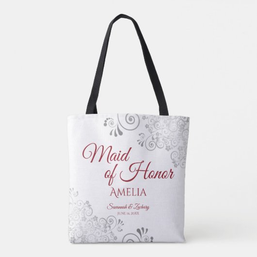 シルバーレースレッド&ホワイトメイド・オブ・オーナー(花嫁付き添い人)結婚ズ トートバッグ (裏面)