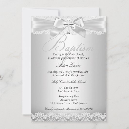 シルバーレース&クロスバプティスボーイまたはガール2 招待状 (正面)