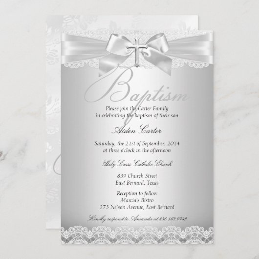 シルバーレース&クロスバプティスボーイまたはガール2 招待状 (正面/裏面)