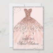 シルバーローズゴールドドレス スパークル 16歳の誕生日おめでとう 招待状 (正面)