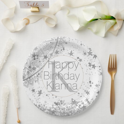 シルバーロータスマンダラスタズモノグラム誕生日 ペーパープレート (ウェディング)