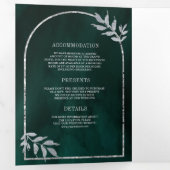 シルバーローレルリース離れズエメラルドグリーン結婚ズ 三つ折り招待状 (内部最初)