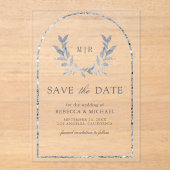 シルバーローレル離れリースウェディング日付を保存 アクリル招待状 (正面)