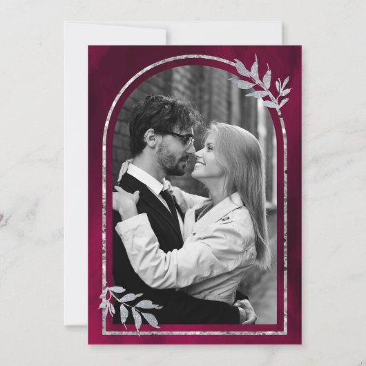 シルバーローレル離れリース明るい赤紫色ピ結婚ンク 招待状 (裏面)