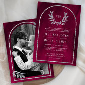 シルバーローレル離れリース明るい赤紫色ピ結婚ンク 招待状