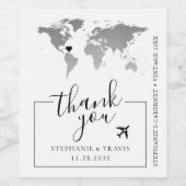 シルバーワールドマップとハート行先結婚式 ワインラベル (シングルラベル)