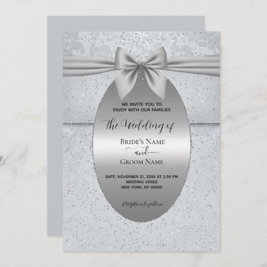 シルバーヴィンテージウィズボウ結婚式招待状 招待状 (正面/裏面)