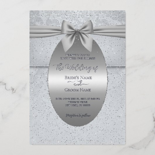 シルバーヴィンテージウィズボウ結婚式招待状 箔招待状 (正面)