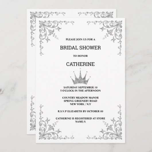 シルバーヴィンテージフローラコーナーtiaraミニマリスト 招待状 (正面/裏面)