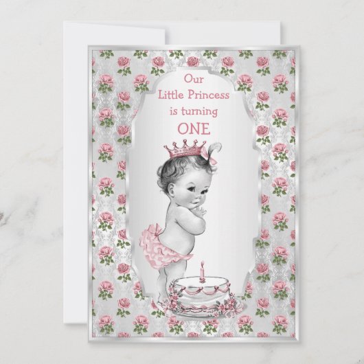 シルバーヴィンテージプリンセスピンクローズお誕生日ケーキ 招待状 (正面)