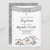 シルバー三つ子少年少女洗礼招待状 招待状 (正面/裏面)