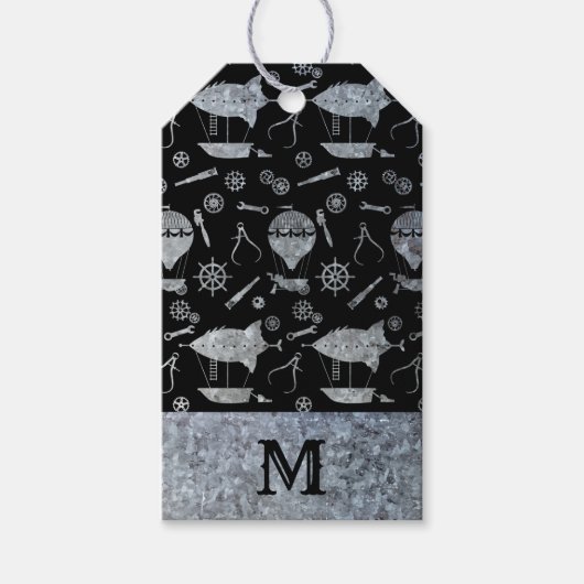 シルバー亜鉛スチームパンク飛行船モノグラム ギフトタグ (正面)