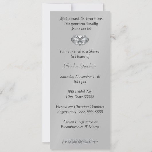 シルバー仮装パープルブライダルシャワーの招待 招待状 (裏面)