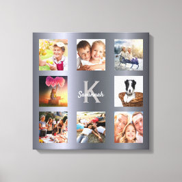 シルバー写真コラージュ ファミリー モノグラム キャンバスプリント