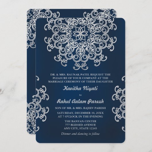 シルバー及びネイビーインディアンスタイル結婚式招待状 招待状 (正面/裏面)