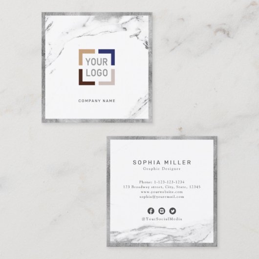 シルバー大理石カスタム会社のロゴプロフェッショナル スクエア名刺 (正面/裏面)