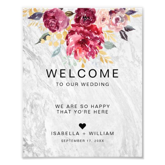 シルバー大理石フローラ金ゴールドブルゴーニュ結婚ーズサイン フォトプリント            (正面)