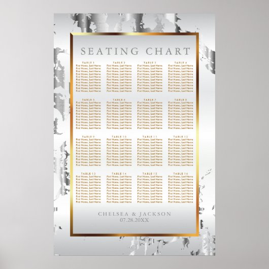 シルバー大理石、金ゴールド、白サテン – シーティングチャート ポスター (正面)