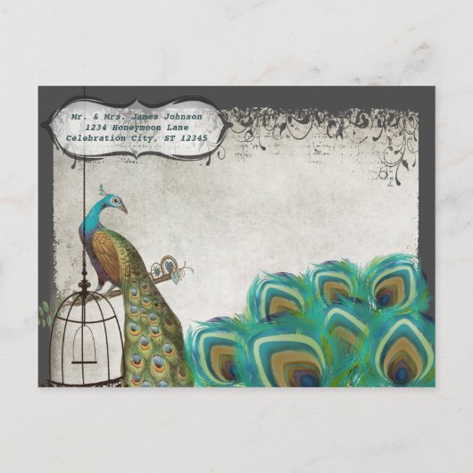 シルバー孔雀の羽バードケージ日付を保存 案内ポストカード (裏面)