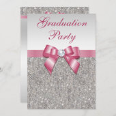 シルバー宝石ピンクのボウガールズ卒業パーティー 招待状 (正面/裏面)