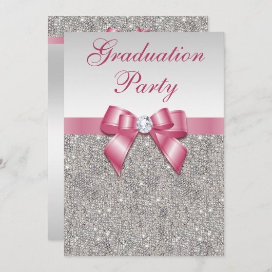 シルバー宝石ピンクのボウガールズ卒業パーティー 招待状 (正面/裏面)
