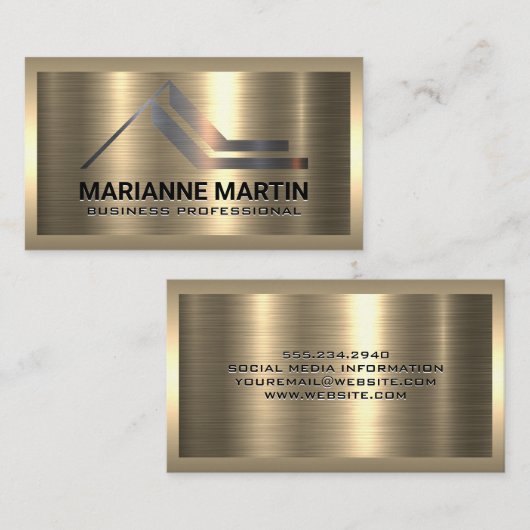 シルバー実在エテートのロゴ |メタリック金ゴールド 名刺 (正面/裏面)