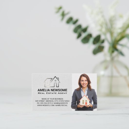 シルバー実在エテートのロゴ | 不動産仲介業者ビジネスマン 名刺 (スタンド正面)