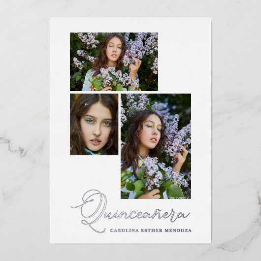 シルバー実在シンプルキンセニェラスペインの3写真 箔招待状 (正面)