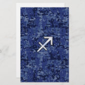 シルバー射手座〔占星術の〕十二宮図サインネイビーデジタル迷彩柄 便箋 (正面/裏面)