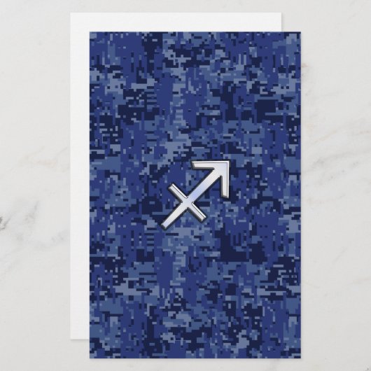 シルバー射手座〔占星術の〕十二宮図サインネイビーデジタル迷彩柄 便箋 (正面/裏面)
