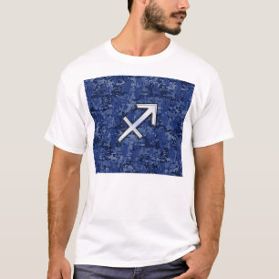 シルバー射手座〔占星術の〕十二宮図サインネイビーデジタル迷彩柄 Tシャツ
