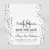 シルバー救誕生日日付グリッター紙吹雪ホワイト セーブザデート (正面/裏面)