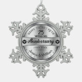 シルバー文字デザイン25周年結婚記念 スノーフレークピューターオーナメント (正面)