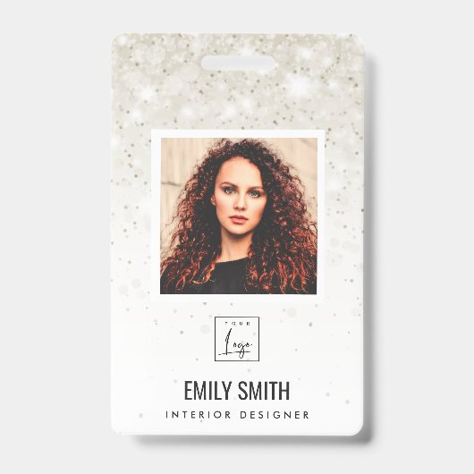 シルバー淡い色のグリッター社員の写真バーコード名 バッジ (正面)