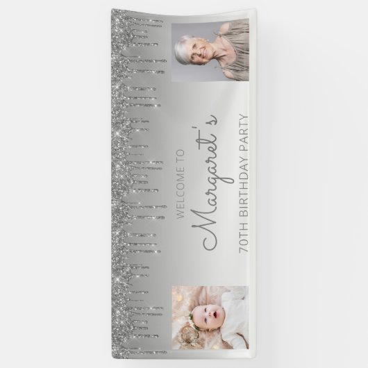 シルバー滴下グリッター2枚写真70誕生日 横断幕 (縦)