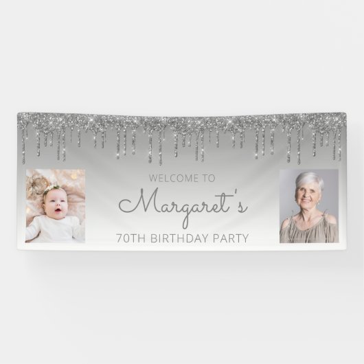 シルバー滴下グリッター2枚写真70誕生日 横断幕 (横)